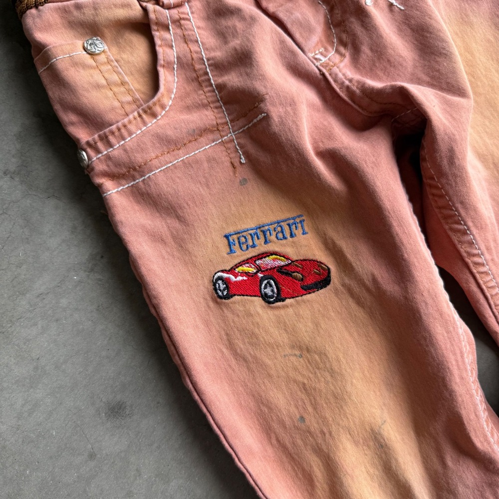 Vintage Ferrari Embroidered Cotton Joggers Salmon Pink Distressed Kids Size 75
